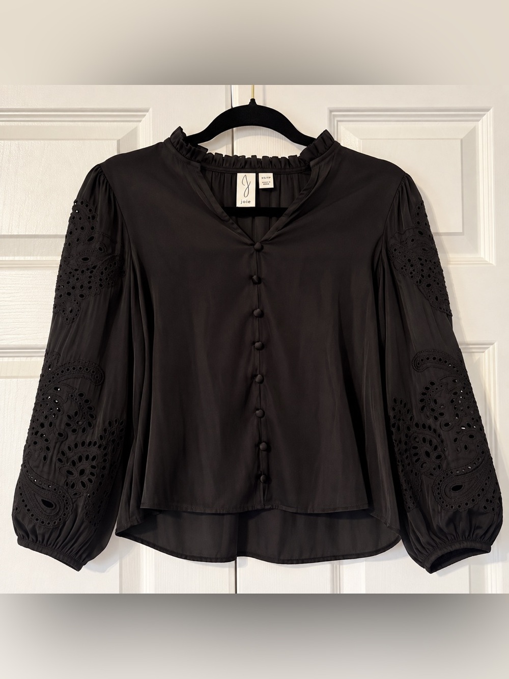 Joie Black Ruffled Neck Button-Front Eyelet Sleeve Blouse